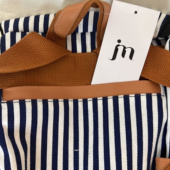 Jessica Moore Striped Backpack New 2 Zipper Sections 3 Pockets Navy White Brown - Picture 4 of 7